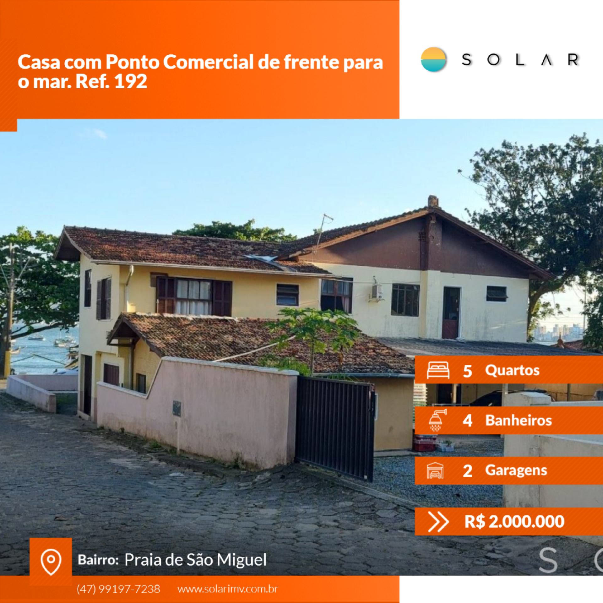 Casa com ponto comercial pé na areia, em uma das mais belas praias de Penha - SC. Ref. 192