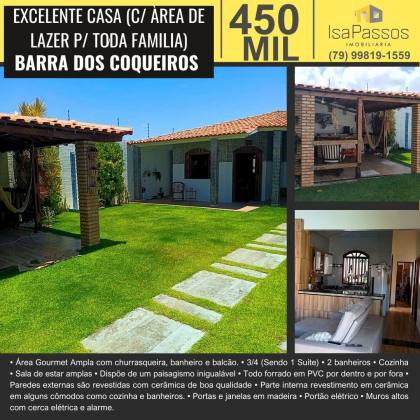 VENDO EXCELENTE Casa (C/ ÀREA DE LAZER P/ TODA FAMILIA) na BARRA DOS COQUEIROS (Área construída 176 m2 Área total 300 m2)